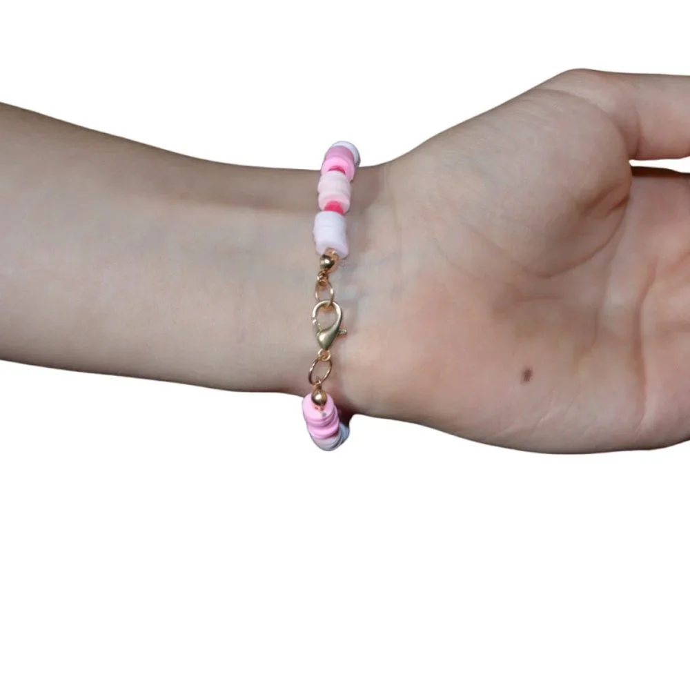 Handmade Clay Beads Elastic Kids Jewelry White Pink Smile Image 2.5 length/half